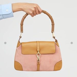 Gucci Pink Suede and Tan Leather Shoulder Bag with Bamboo Handle